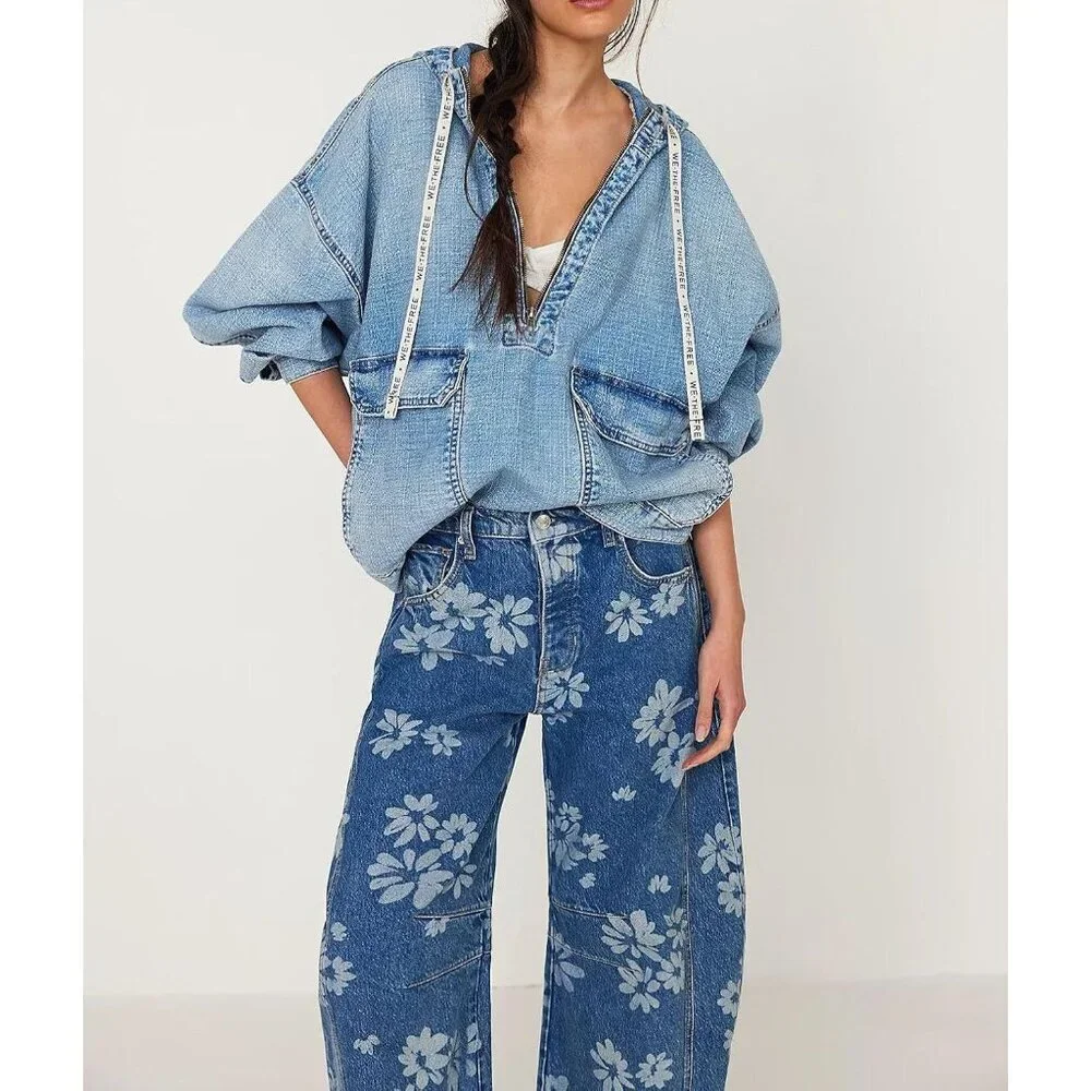 Women's Baggy Wide Leg Denim Jeans Floral Print Mid Rise Ankle Pants - Picture 4 of 6
